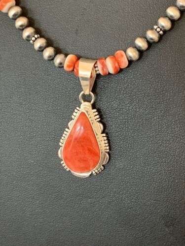 Navajo Red Spiny Oyster Pendant Necklace | Sterling Silver | 20" | Authentic Native American Handmade | 376