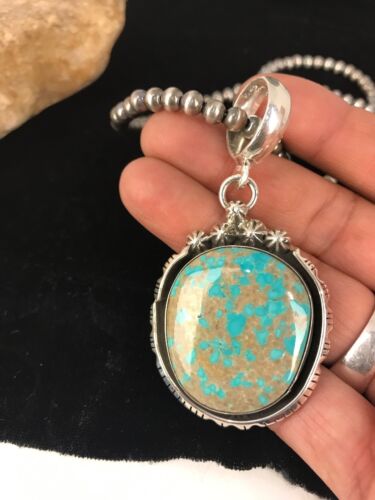 Navajo Pearls Sterling Silver Turquoise #8 Necklace Pendant | 2.5" | Signed | Authentic Native American Handmade | 3954