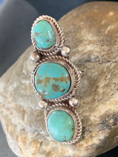 Navajo Sterling Silver Blue Turquoise Ring | 3-Stone | Sz 9 | Native American Handmade | 13615