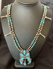 Zuni Sleeping Beauty Turquoise Inlay Necklace | Sterling Silver Squash Blossom | 12232