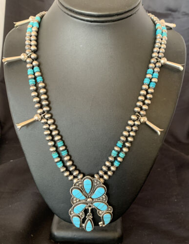 Zuni Sleeping Beauty Turquoise Inlay Necklace | Sterling Silver Squash Blossom | 12232
