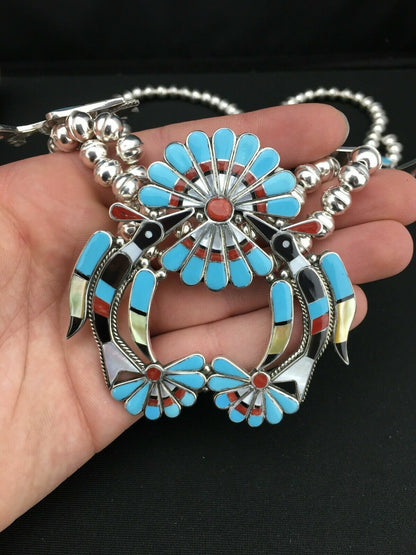 Zuni Peyote Bird Turquoise Squash Blossom Necklace Set | Sterling Silver | Native American Handmade | 1313