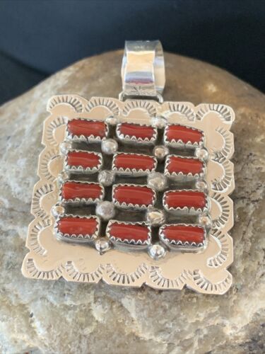 Navajo Red Coral and Multi-Stone Cluster Pendant | Authentic Native American Sterling Silver | 2" | 2100