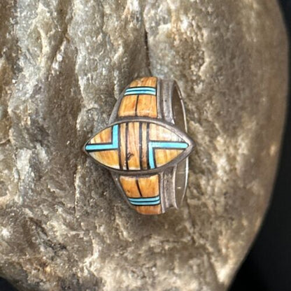 Native American Women's Navajo Blue Turquoise Spiny Oyster Inlay Ring | Sz 9.5 | 14561