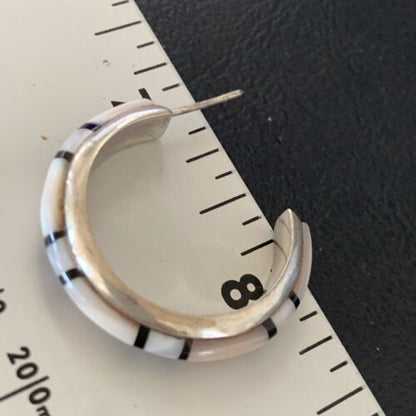 Navajo Pink Mother of Pearl and Onyx Inlay Hoop Earrings | Sterling Silver | Authentic Native American Handmade | 12674