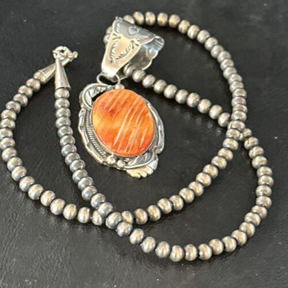 Navajo Orange Spiny Oyster Necklace Pendant | Sterling Silver | Authentic Native American Handmade | 14680