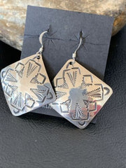 Native American Women's Dangle Earrings | Navajo Sterling Silver Stamped Handmade | 1660