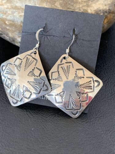 Native American Women's Dangle Earrings | Navajo Sterling Silver Stamped Handmade | 1660