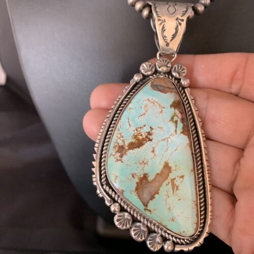 Blue Royston Turquoise Pendant Necklace | Sterling Silver | 3.5" | Authentic Native American Handmade | 13939