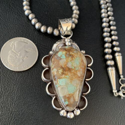 Men's Navajo Green Boulder Turquoise Pendant Necklace | Sterling Silver | Authentic Native American Handmade | 13661