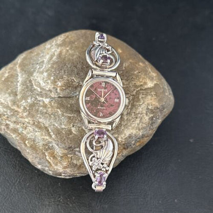 Authentic Navajo Sterling Silver Wrist Watch Tips | Purple Amethyst Feather Design | Women's Jewelry | 14315