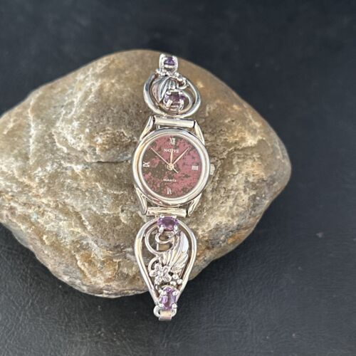 Authentic Navajo Sterling Silver Wrist Watch Tips | Purple Amethyst Feather Design | Women's Jewelry | 14315
