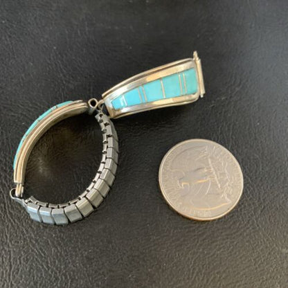 Navajo Sterling Silver Watch Tips with Blue Turquoise Inlay Band | Authentic Native American Jewelry | 13728