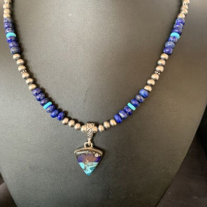 Men's Navajo Pendant | Blue Lapis Turquoise Opal Sterling Necklace 22" | Handmade Jewelry 13390