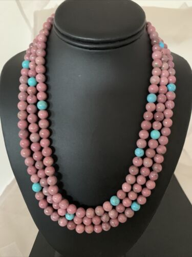 Navajo Turquoise Rhodochrosite Necklace | Sterling Silver | 3 Strand | Authentic Native American Handmade | 01993