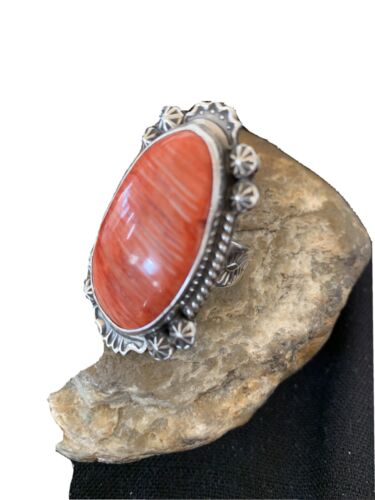 Southwestern Women's Navajo Red Spiny Oyster Ring | Sterling Silver | Sz 10 | Authentic Native American Handmade | 1005