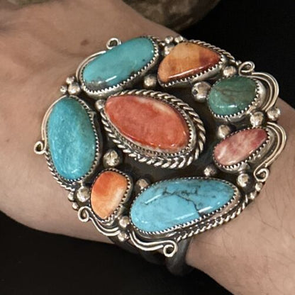 Men's Kingman Turquoise & Spiny Oyster Cluster Cuff Bracelet | Sterling Silver | Native American Handmade | 14595