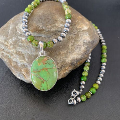 Navajo Pearl Necklace with Green Mojave Turquoise Pendant | Sterling Silver | 11757