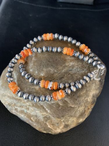 Navajo Pearls Sterling Silver Orange Spiny Oyster Bead Bracelet | 7.5" | Authentic Native American Handmade | 13801