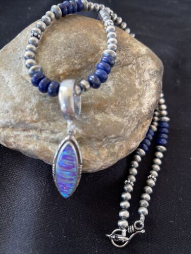 Navajo Purple Opal Pendant Lapis Necklace | Sterling Silver | Authentic Native American Handmade | 1305