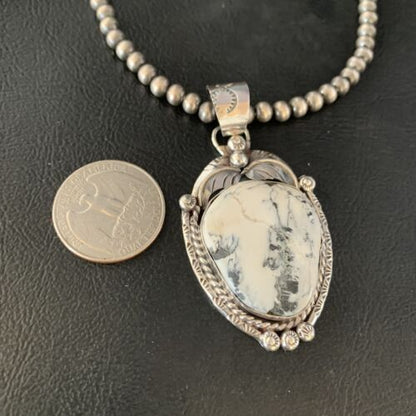 White Buffalo Turquoise Pendant Necklace | Sterling Silver | Navajo | Authentic Native American Handmade | 14053
