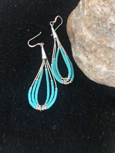 Navajo Sterling Silver Heishi Dangle Turquoise Earrings | 2" | Native American