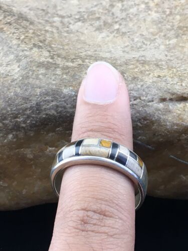 Navajo Sterling Silver Onyx & Picture Jasper Inlay Ring | Sz 13.5 | Authentic Native American Handmade | 01592