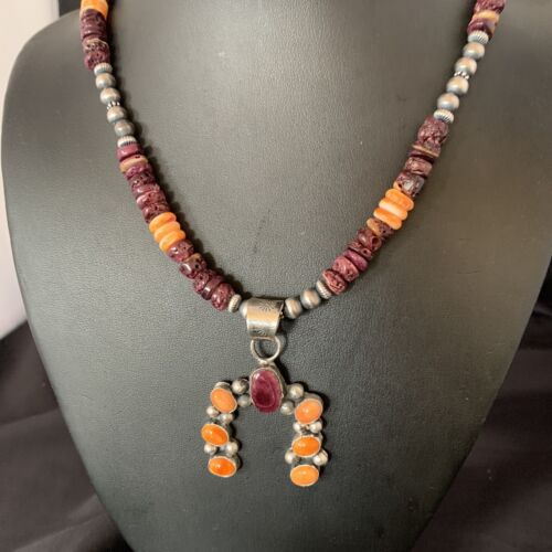 Navajo Sterling Silver Necklace | Purple Spiny Oyster Cluster Naja Pendant | 13146