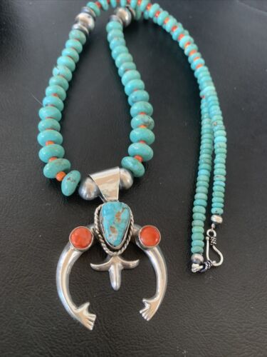 Navajo Pearls Sterling Silver Necklace | Blue Turquoise & Spiny Oyster Naja Pendant | Authentic Native American Handmade | 02059