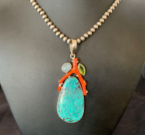 Navajo Pearl Spiderweb Turquoise Coral Pendant Necklace | Authentic Native American Sterling Silver | Multi-Stone | 11812