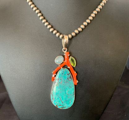 Navajo Pearl Spiderweb Turquoise Coral Pendant Necklace | Authentic Native American Sterling Silver | Multi-Stone | 11812