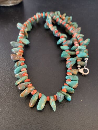 Navajo Green Turquoise and | Red Spiny Oyster Necklace | Sterling Silver | Authentic Native American Handmade | 21" | 13222