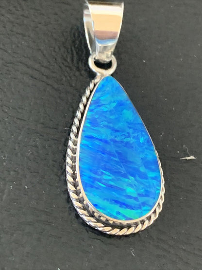 Navajo Blue Faux Opal Pendant | Sterling Silver | Authentic Native American Handmade | 1.50" | 01391