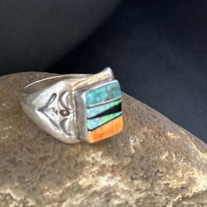 Navajo Sterling Silver Turquoise Spiny Oyster Inlay Ring | Sz 8.5 | Multi-Color | 14747 - Masha USA