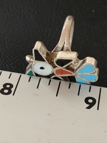 Zuni Peyote Bird Ring | Sterling Silver Coral Turquoise Onyx Mother of Pearl Inlay | Sz 5.5 | 10789