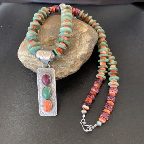 Navajo Royston Turquoise & Red Spiny Oyster Necklace Pendant | Authentic Native American Sterling Silver | Multi-Stone | 11761