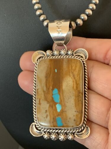 Men's Navajo Pearls Necklace with Boulder Turquoise Pendant | Sterling Silver | Authentic Native American Handmade | 293