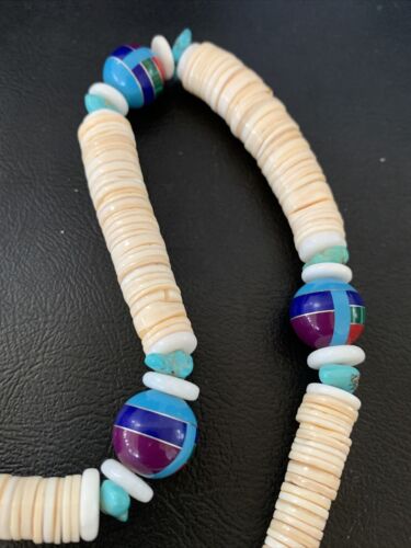 Authentic Native American Santo Domingo Shell & Turquoise 3-Bead Pendant Necklace with Pearls | 20" | 12524