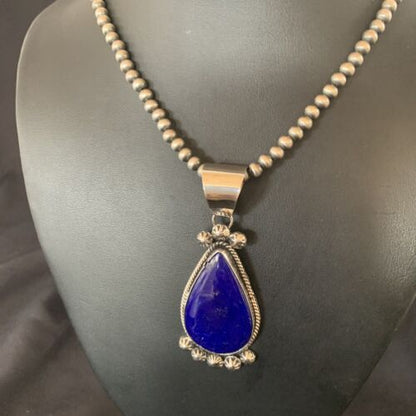 Native American Navajo Blue Lapis Pendant Necklace | Sterling Silver | Authentic Handmade | 11676 - Masha USA
