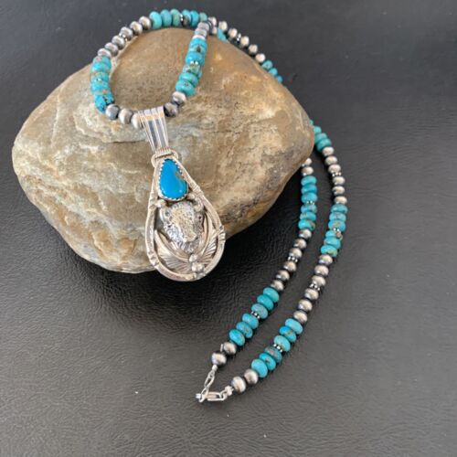 Navajo Pearl Necklace with Blue Turquoise Bullhead Pendant | Authentic Native American Sterling Silver | Multi-Stone | 11755