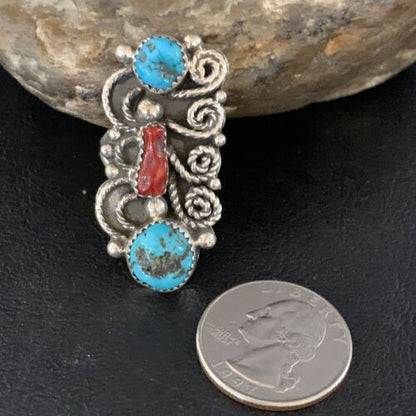 Navajo Kingman Turquoise Coral Ring | Authentic Native American Sterling Silver | Multi-Stone | Sz 8 | 14129