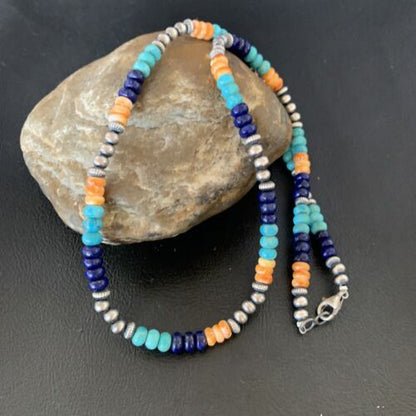 Navajo Blue Lapis Turquoise Orange Spiny Oyster Necklace | Sterling Silver | 22" | 13364 - Masha USA