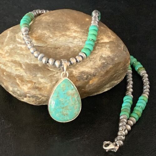 Navajo Pearl Green Royston Turquoise Pendant Necklace | Sterling Silver | 21" | Authentic Native American Handmade | 13911