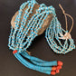 Native American Santo Domingo Blue Turquoise Coral Jacla Necklace | 5 Strand Nugget Bead | 34" | 13182