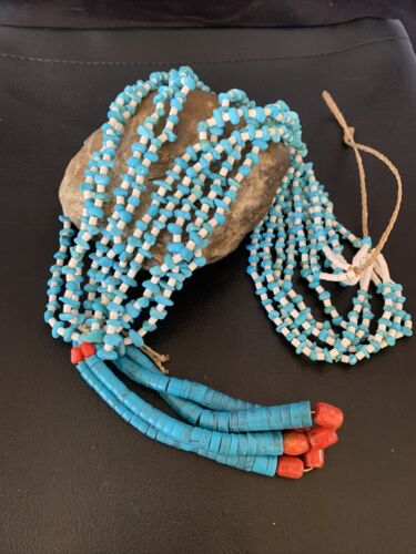 Native American Santo Domingo Blue Turquoise Coral Jacla Necklace | 5 Strand Nugget Bead | 34" | 13182