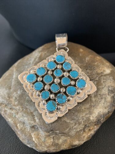 Navajo Blue Turquoise Cluster Pendant | Authentic Native American Sterling Silver | Multi-Stone | 2.5" | 02097