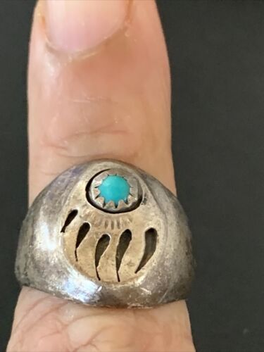 Native American Old Pawn Navajo Bear Paw Blue Turquoise Ring | Sterling Silver | Sz 6 | 2171