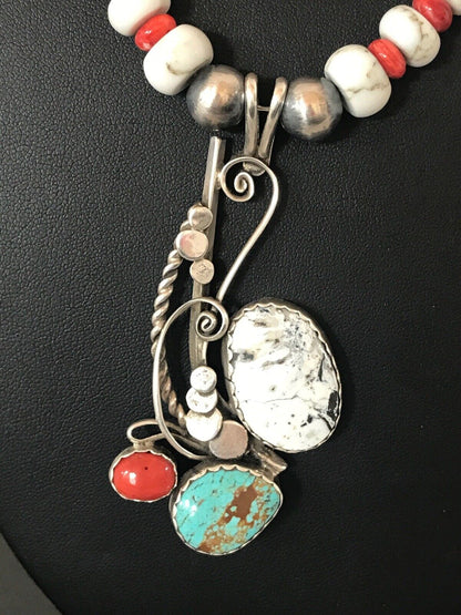 Navajo Blue Turquoise & Spiny Oyster Multi-Stone Pendant Necklace | Authentic Native American Sterling Silver | Multi-Stone | 8644 - Masha USA