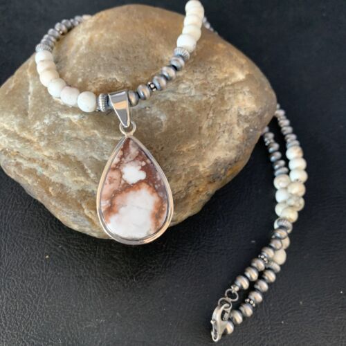 Navajo Pearls Necklace with Wild Horse Turquoise Pendant | Sterling Silver | Authentic Native American Handmade | 13902