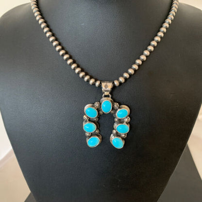 Navajo Sterling Silver Blue Turquoise Squash Blossom Necklace with Naja Pendant | 02011